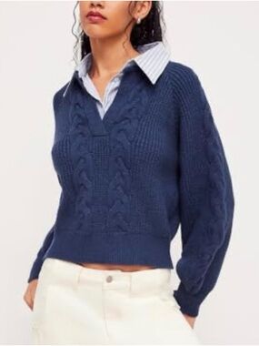 NWT CIDER CABLE KNIT COLLAR TWO TONE LONG SLEEVE TOP SIZE L